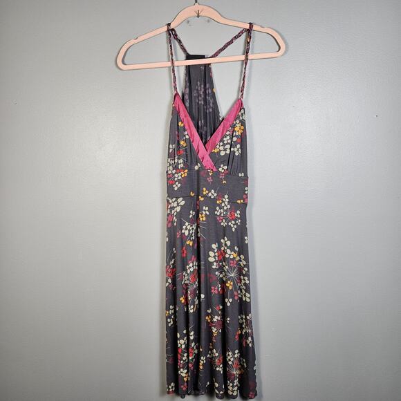 Y2K The Limited Floral Sundress Grey Raspberry Pink Satin Detail V Neck Size Sm - Picture 2 of 6